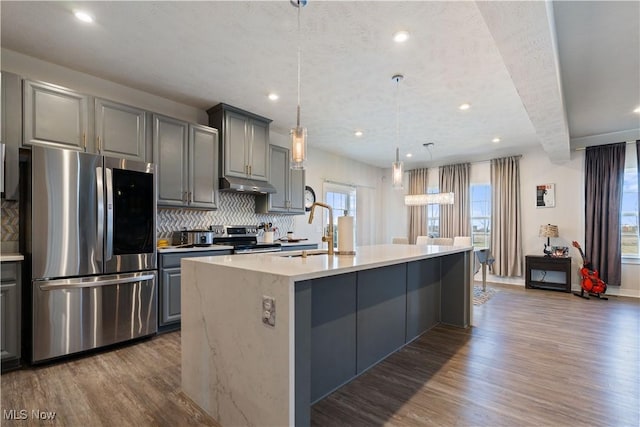 5454 Schueller Blvd, Sheffield Village, OH 44054 - kitchen with under cabinet range hood, wood finished floors, a sink, stainless steel appliances, and gray cabinetry