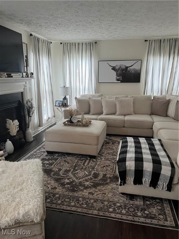 living room featuring a textured ceiling, wood finished floors, and a fireplace with raised hearth