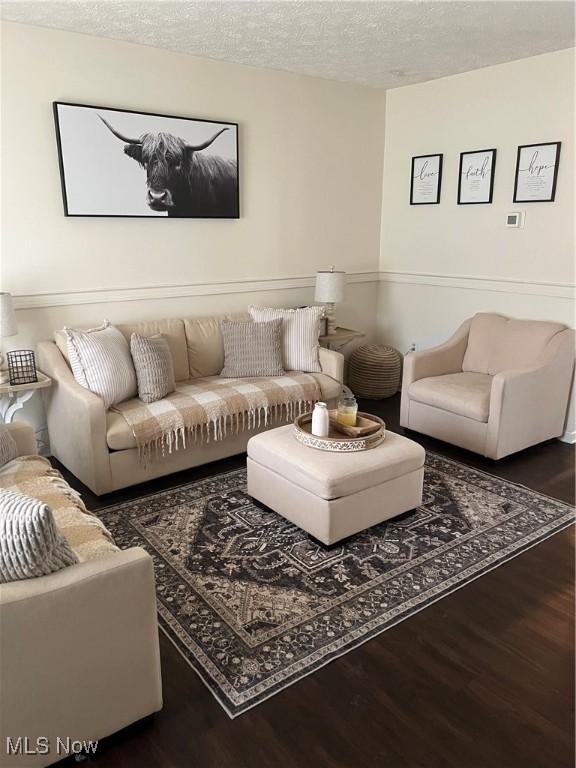 living area featuring a textured ceiling and wood finished floors