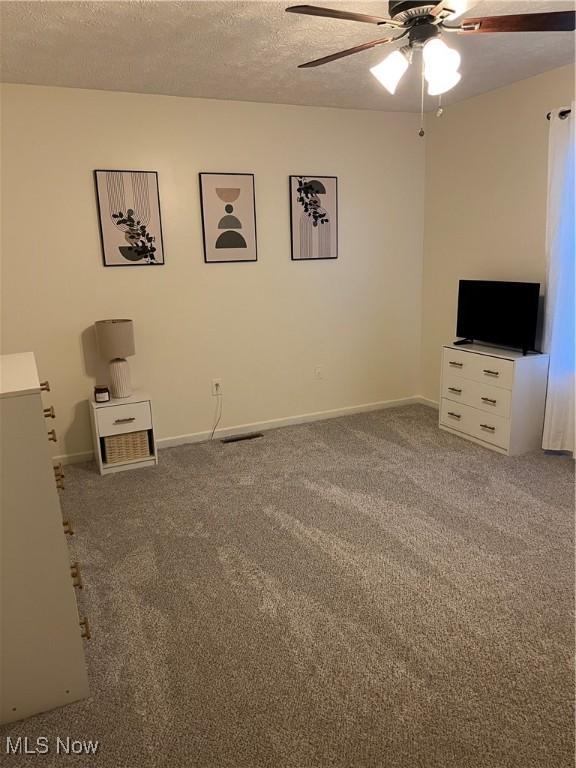 interior space with baseboards, a ceiling fan, carpet, and a textured ceiling