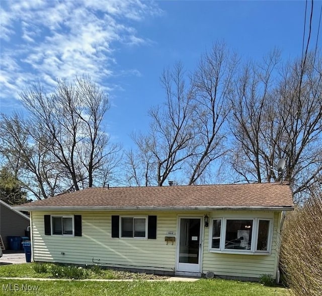 single story home with roof with shingles