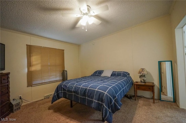 8672 Ridgeview Rd, Chandlersville, OH 43727 - bedroom with a textured ceiling, a ceiling fan, crown molding, and carpet floors
