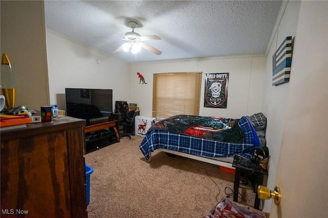 8672 Ridgeview Rd, Chandlersville, OH 43727 - bedroom with crown molding, a textured ceiling, ceiling fan, and carpet