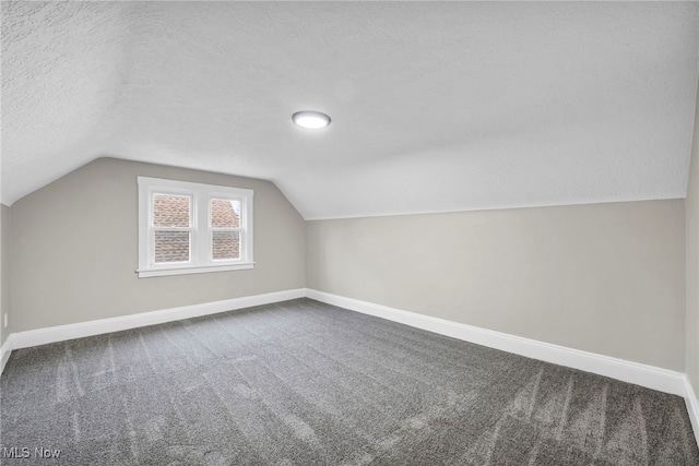 additional living space featuring a textured ceiling, baseboards, lofted ceiling, and carpet floors