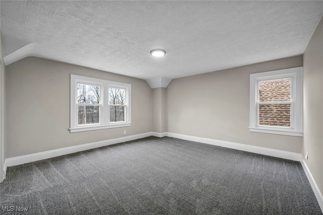 additional living space featuring dark colored carpet, baseboards, a textured ceiling, and lofted ceiling