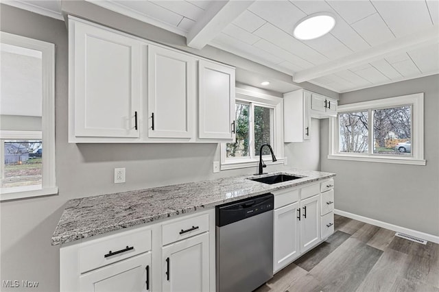 kitchen featuring beamed ceiling, stainless steel dishwasher, a sink, and white cabinetry