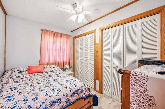 bedroom with ornamental molding, carpet floors, multiple closets, and ceiling fan