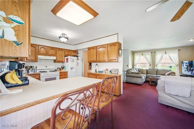 kitchen with white appliances, under cabinet range hood, light countertops, open floor plan, and dark colored carpet