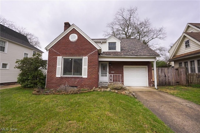 view of front of house with a garage, a front lawn, brick siding, a chimney, and concrete driveway