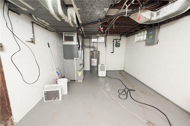 unfinished below grade area featuring water heater, visible vents, heating unit, and electric panel