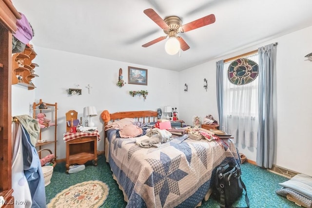 bedroom featuring ceiling fan, access to outside, and carpet