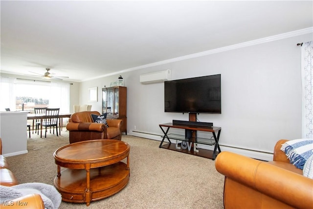 31 Morgan Ave, Ashland, OH 44805 - carpeted living room featuring a ceiling fan, a baseboard heating unit, ornamental molding, and a wall unit AC
