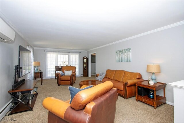 31 Morgan Ave, Ashland, OH 44805 - living room featuring a baseboard heating unit, crown molding, light carpet, a wall mounted AC, and baseboards