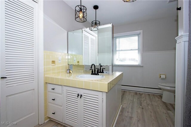 31 Morgan Ave, Ashland, OH 44805 - bathroom featuring toilet, wood finished floors, vanity, and a baseboard heating unit