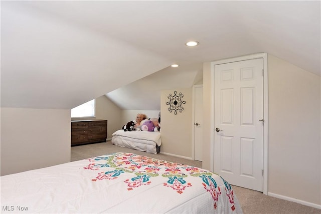 bedroom with carpet flooring, baseboards, lofted ceiling, and recessed lighting