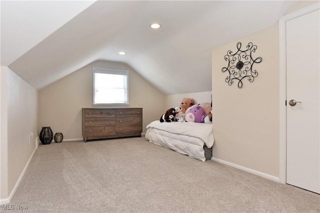 carpeted bedroom with recessed lighting, baseboards, and vaulted ceiling