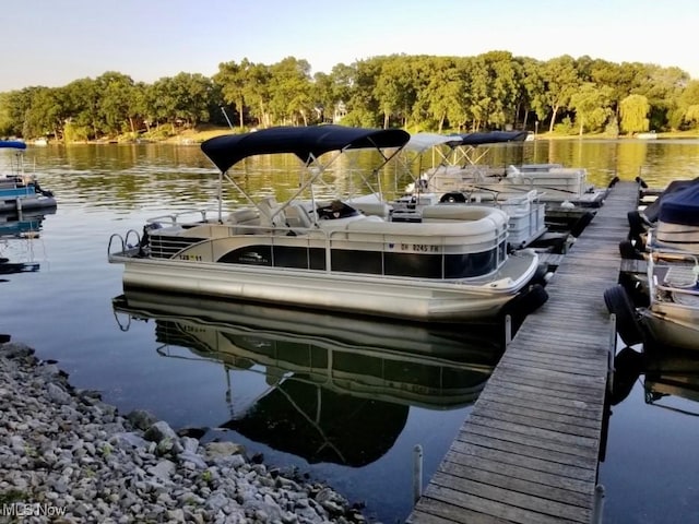 view of dock with a wooded view and a water view