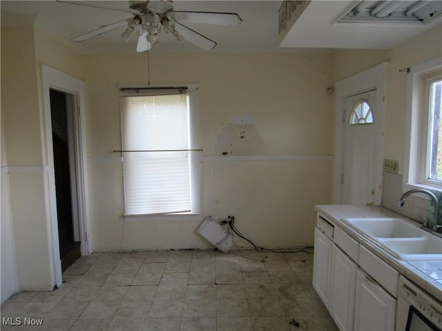 1831 Knowles St, East Cleveland, OH 44112 - kitchen featuring tile counters, white cabinetry, a ceiling fan, dishwasher, and a sink