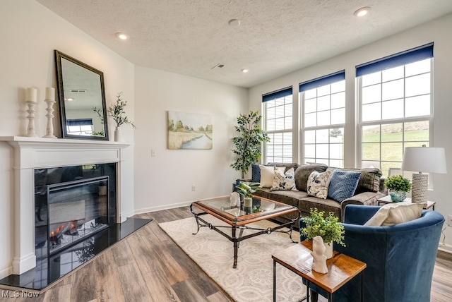 835-2 Dipper Ln, Aurora, OH 44202 - living room with a textured ceiling, wood finished floors, a glass covered fireplace, and recessed lighting