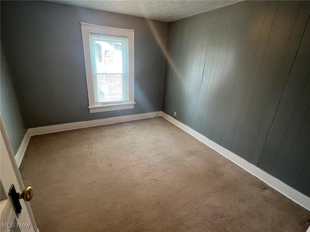 unfurnished room with a textured ceiling, wood walls, carpet flooring, and baseboards