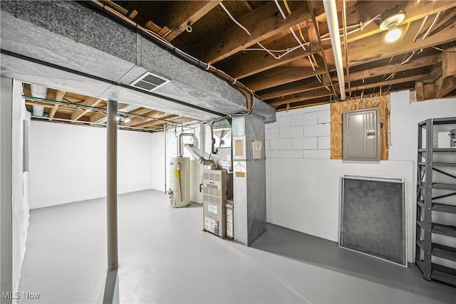 below grade area featuring water heater, visible vents, heating unit, and electric panel