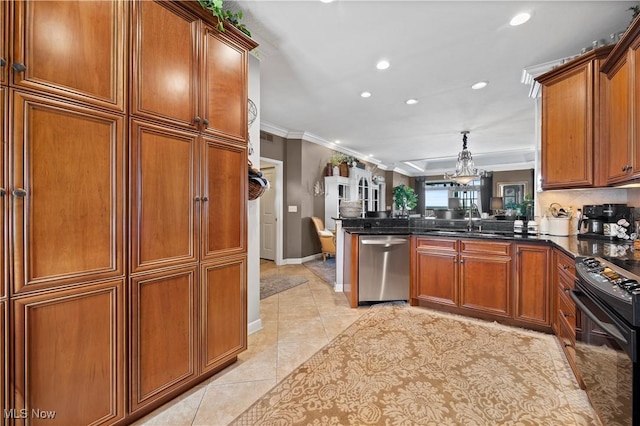 kitchen featuring recessed lighting, dishwasher, a sink, crown molding, and black range with electric cooktop