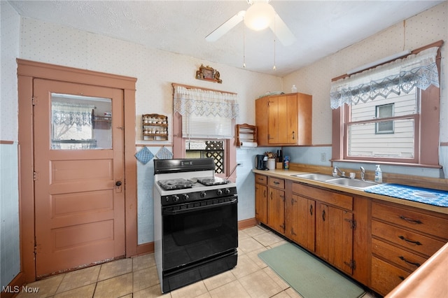 14117 Sylvia Ave, Cleveland, OH 44110 - kitchen with a sink, black range with gas cooktop, brown cabinetry, and light countertops