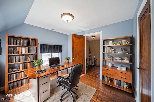 office featuring wood finished floors and vaulted ceiling