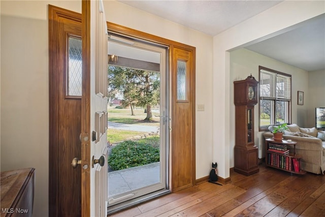 foyer entrance featuring hardwood / wood-style floors, a healthy amount of sunlight, and baseboards