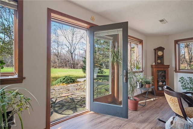 doorway to outside featuring visible vents, a wealth of natural light, and wood finished floors