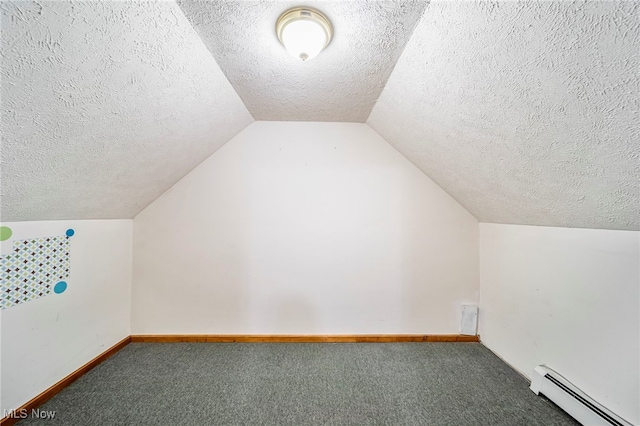2457 Sheffield Rd, Jefferson, OH 44047 - bonus room featuring baseboard heating, carpet, a textured ceiling, lofted ceiling, and baseboards