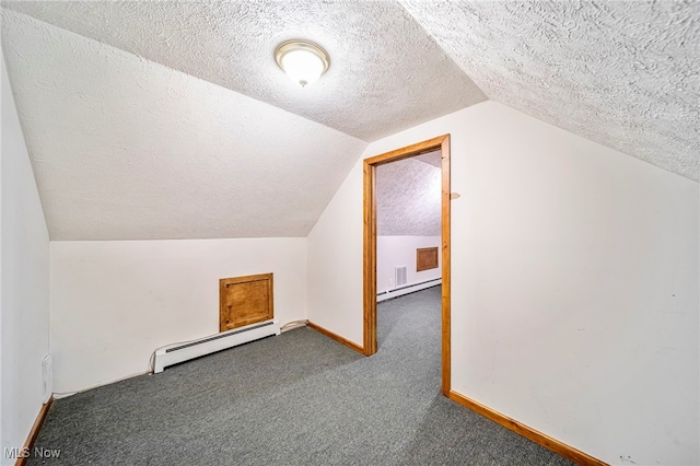 2457 Sheffield Rd, Jefferson, OH 44047 - additional living space featuring baseboard heating, a baseboard radiator, a textured ceiling, lofted ceiling, and carpet floors
