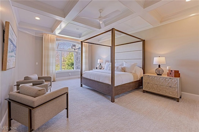 3377 E Galloway Dr, Richfield, OH 44286 - bedroom featuring coffered ceiling, beamed ceiling, and carpet