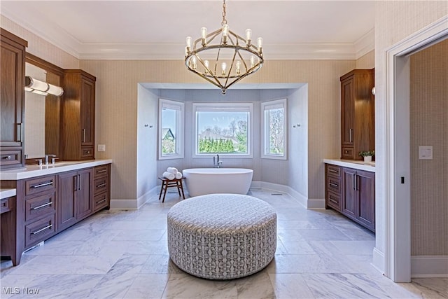 3377 E Galloway Dr, Richfield, OH 44286 - bathroom featuring wallpapered walls, an inviting chandelier, baseboards, and vanity