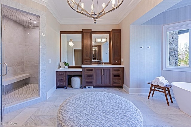 3377 E Galloway Dr, Richfield, OH 44286 - bathroom featuring a freestanding tub, ornamental molding, a chandelier, vanity, and a stall shower