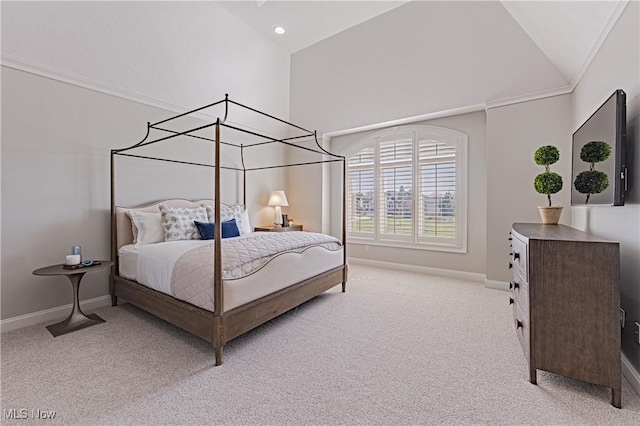 3377 E Galloway Dr, Richfield, OH 44286 - bedroom featuring high vaulted ceiling, light colored carpet, and baseboards