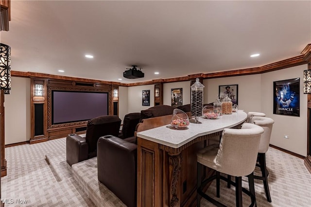 3377 E Galloway Dr, Richfield, OH 44286 - home theater room featuring ornamental molding, baseboards, recessed lighting, and light carpet