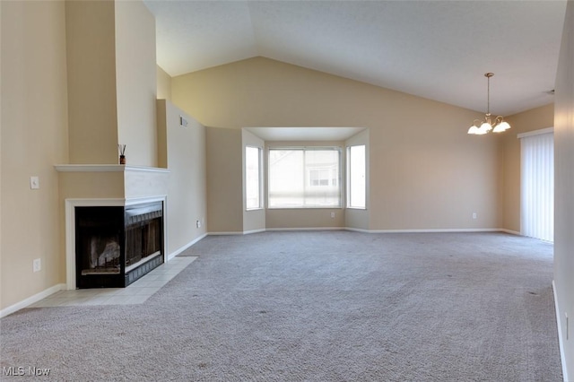362 Village Pointe Dr, Akron, OH 44313 - unfurnished living room with carpet, a multi sided fireplace, a chandelier, lofted ceiling, and baseboards