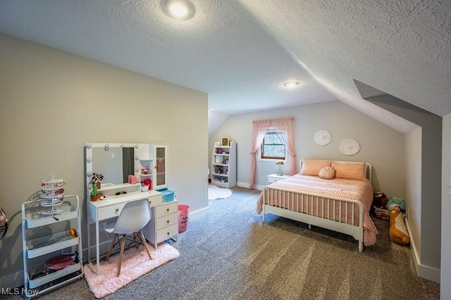 carpeted bedroom featuring a textured ceiling, baseboards, and vaulted ceiling