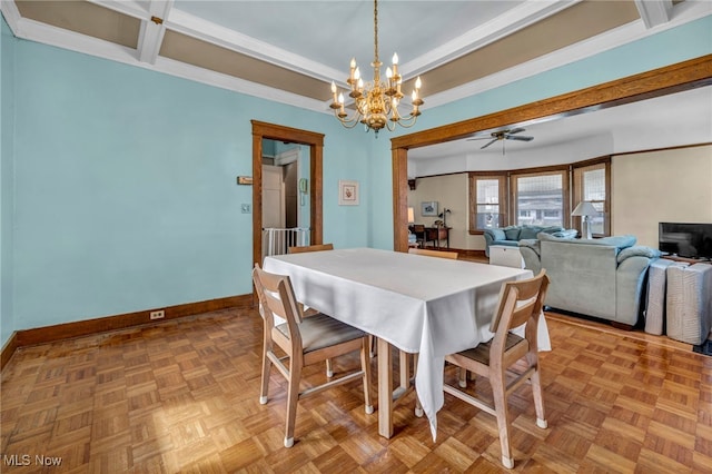 dining space featuring ornamental molding, baseboards, beamed ceiling, and ceiling fan with notable chandelier