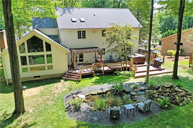 2248 Crestmont Dr, Girard, OH 44420 - rear view of property featuring a shingled roof, a deck, a pergola, a yard, and a small pond
