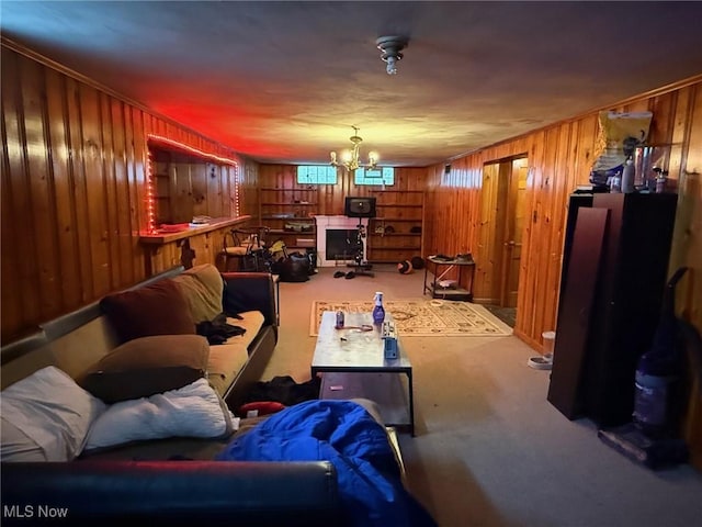 20614 Kings Hwy, Warrensville Heights, OH 44122 - living area with wood walls, carpet flooring, and a chandelier