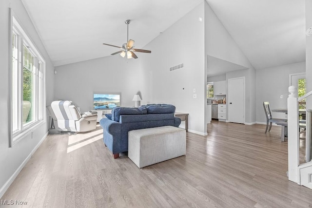 7319 Guilford Rd, Seville, OH 44273 - living room with visible vents, a wealth of natural light, light wood-type flooring, and ceiling fan