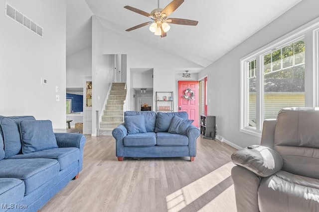 7319 Guilford Rd, Seville, OH 44273 - living area featuring visible vents, baseboards, ceiling fan, light wood-style floors, and stairway