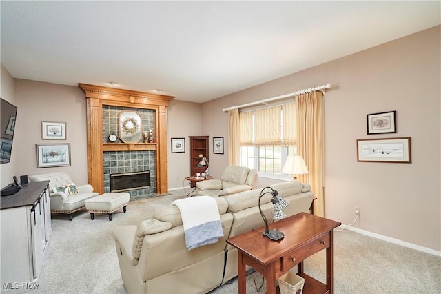 4339 Sierra Dr, Copley, OH 44321 - carpeted living room featuring a tile fireplace and baseboards