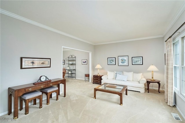 4339 Sierra Dr, Copley, OH 44321 - living room featuring light carpet, baseboards, visible vents, and ornamental molding