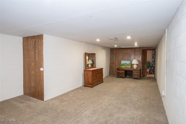 3035 Hamilton Rd, Medina, OH 44256 - home office featuring concrete block wall, light colored carpet, and recessed lighting
