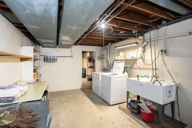 3035 Hamilton Rd, Medina, OH 44256 - unfinished below grade area with separate washer and dryer, a sink, and concrete block wall