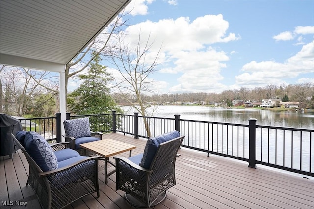 810 Point Dr, Akron, OH 44319 - wooden deck with a grill, a water view, and an outdoor hangout area