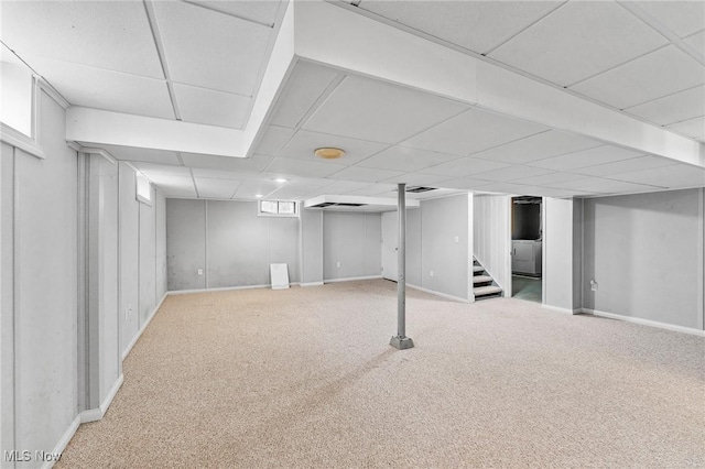 43 Hamilton Ave, Poland, OH 44514 - below grade area with stairs, carpet flooring, a paneled ceiling, and baseboards